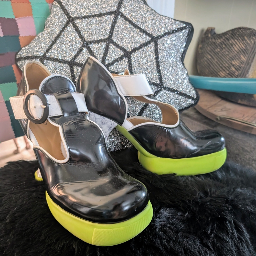 John Fluevog Black and Green Platform Shoes